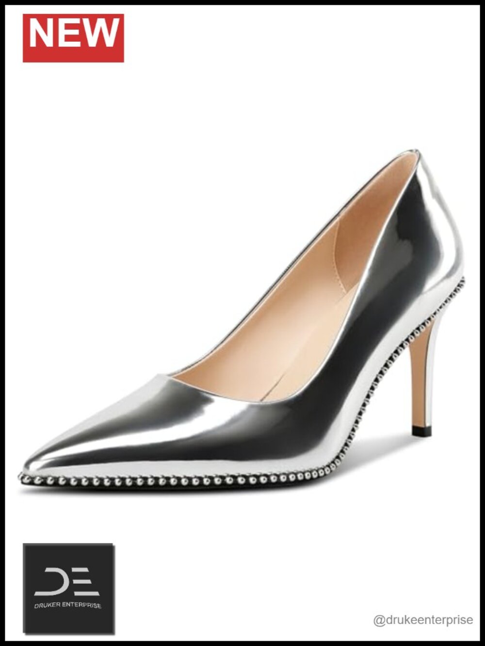 Stiletto Mid Heel Pointed Toe Pumps Slip-on Beaded Patent Leather Prom Wedding